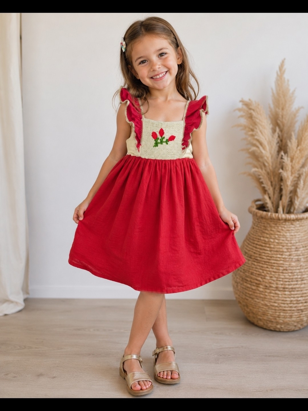 Girls Red Floral Smocked Linen Sundress with Cream Bodice